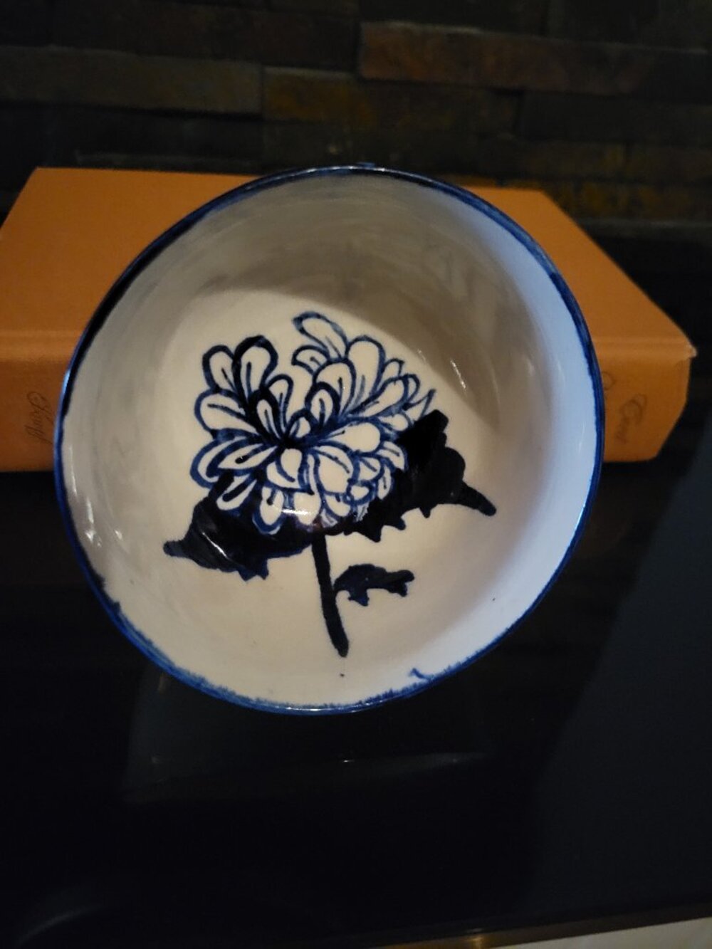 Vintage 1980 Studio Pottery Hand-Painted Blue Chrysanthemum Ceramic Bowl